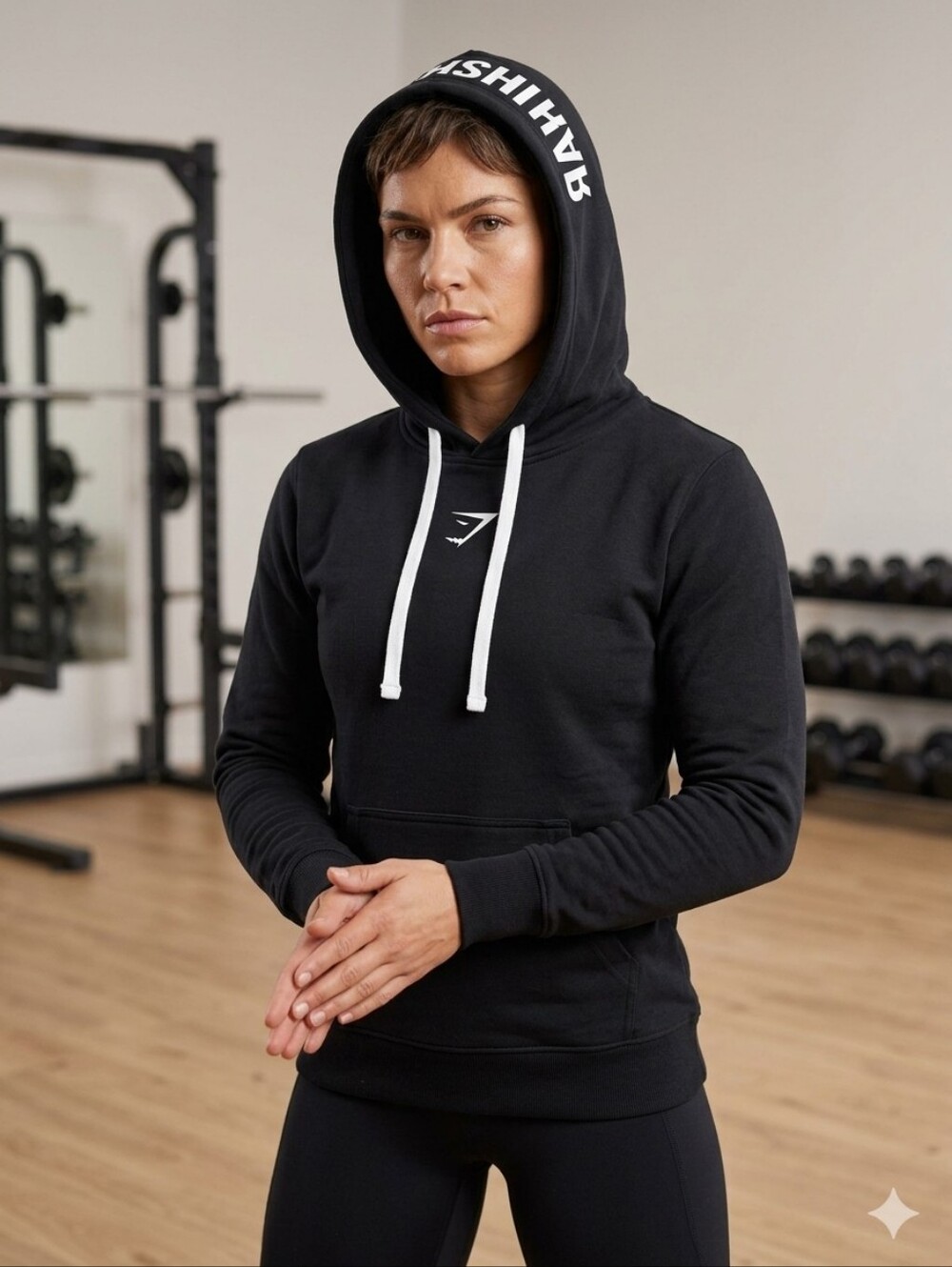Gymshark Fraction Hoodie Black Pullover with White Drawstrings